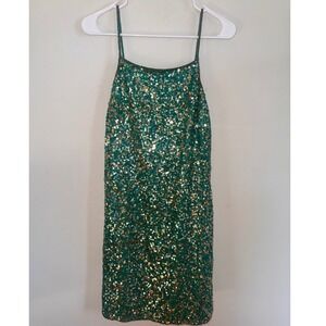 Chaudry Emerald Green Gold Silk Sequin Mini Dress Bead Strap NWT Medium